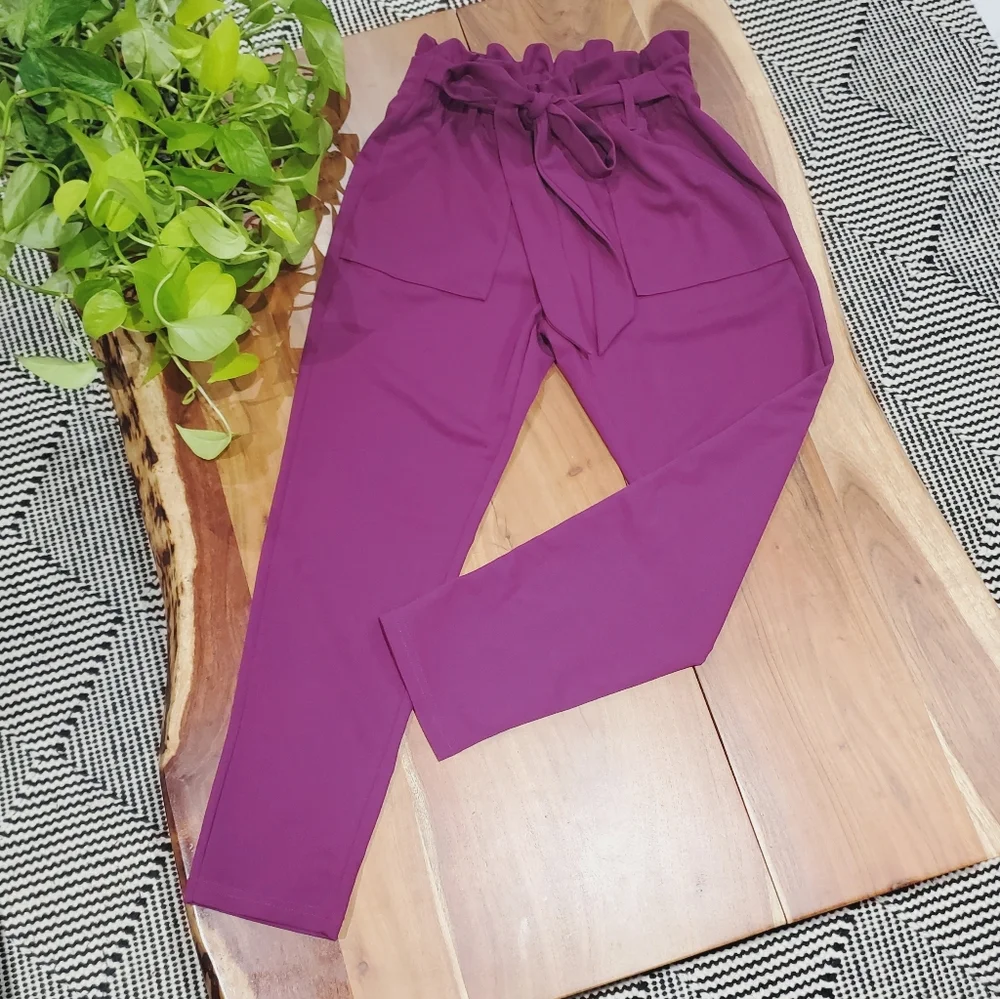 Tie Front Paperbag High Waist Tapered Trousers In Light Plum - Picture 2 of 7